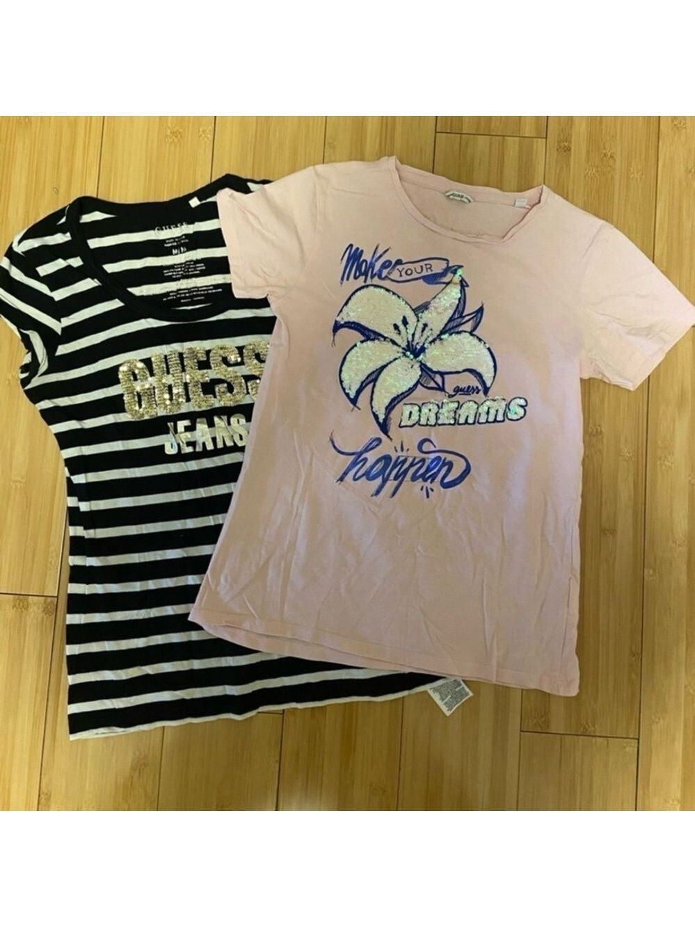 Guess Pink Graphic Tee and Black Striped Tee Set Sz 16 girls